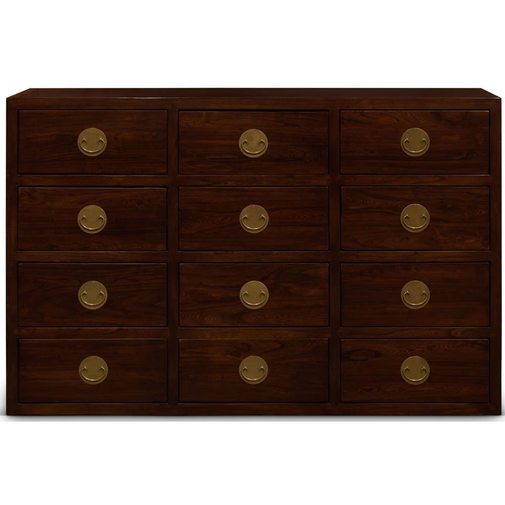 Dark Espresso Elmwood Chinese Ming Chest of 12 Drawers