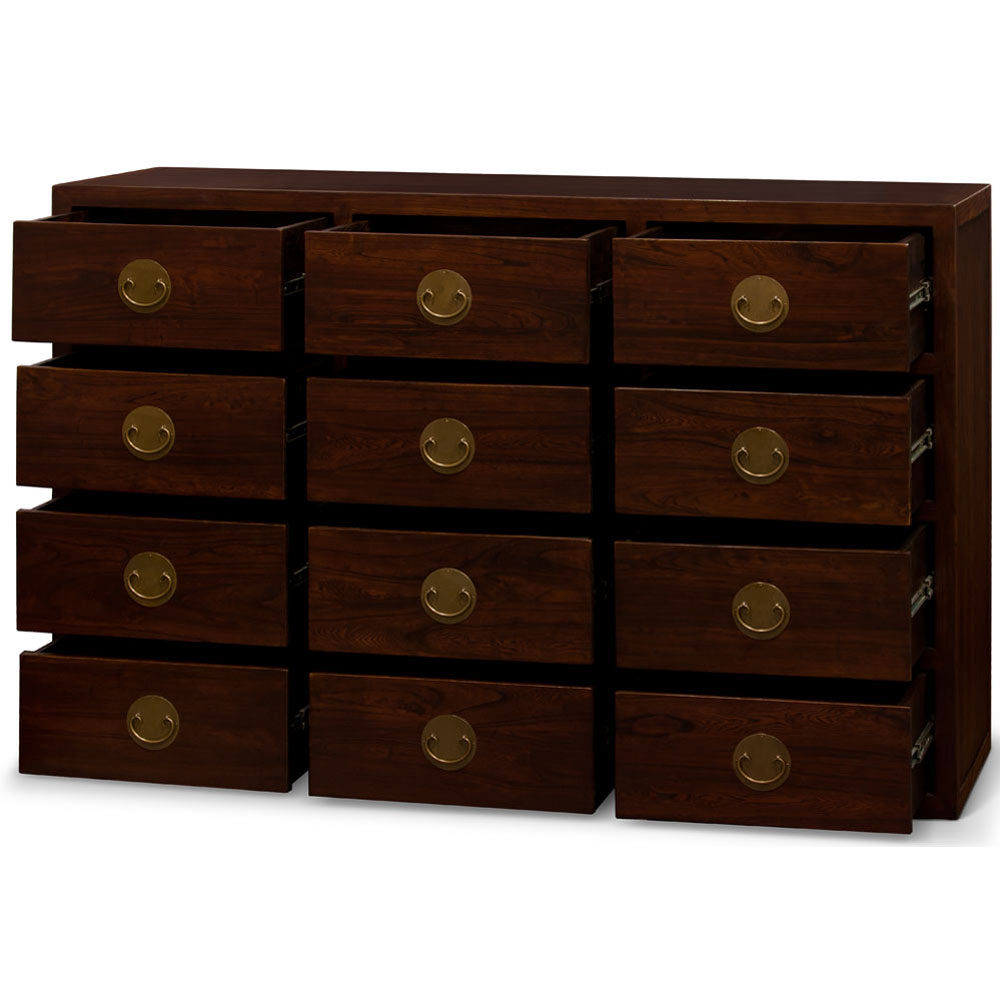 Dark Espresso Elmwood Chinese Ming Chest of 12 Drawers