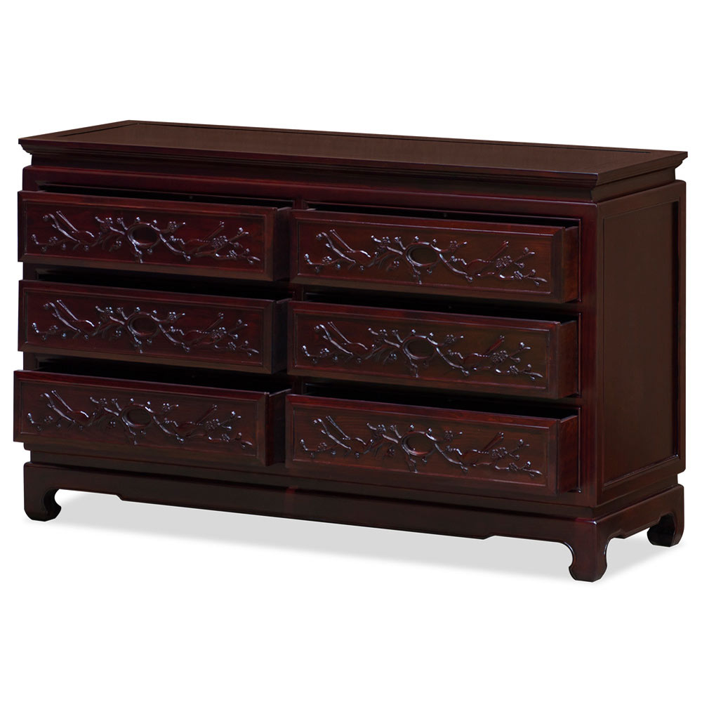 Dark Cherry Elmwood Flower and Bird Motif Oriental Chest of Drawers