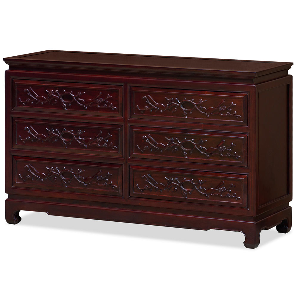 Dark Cherry Elmwood Flower and Bird Motif Oriental Chest of Drawers