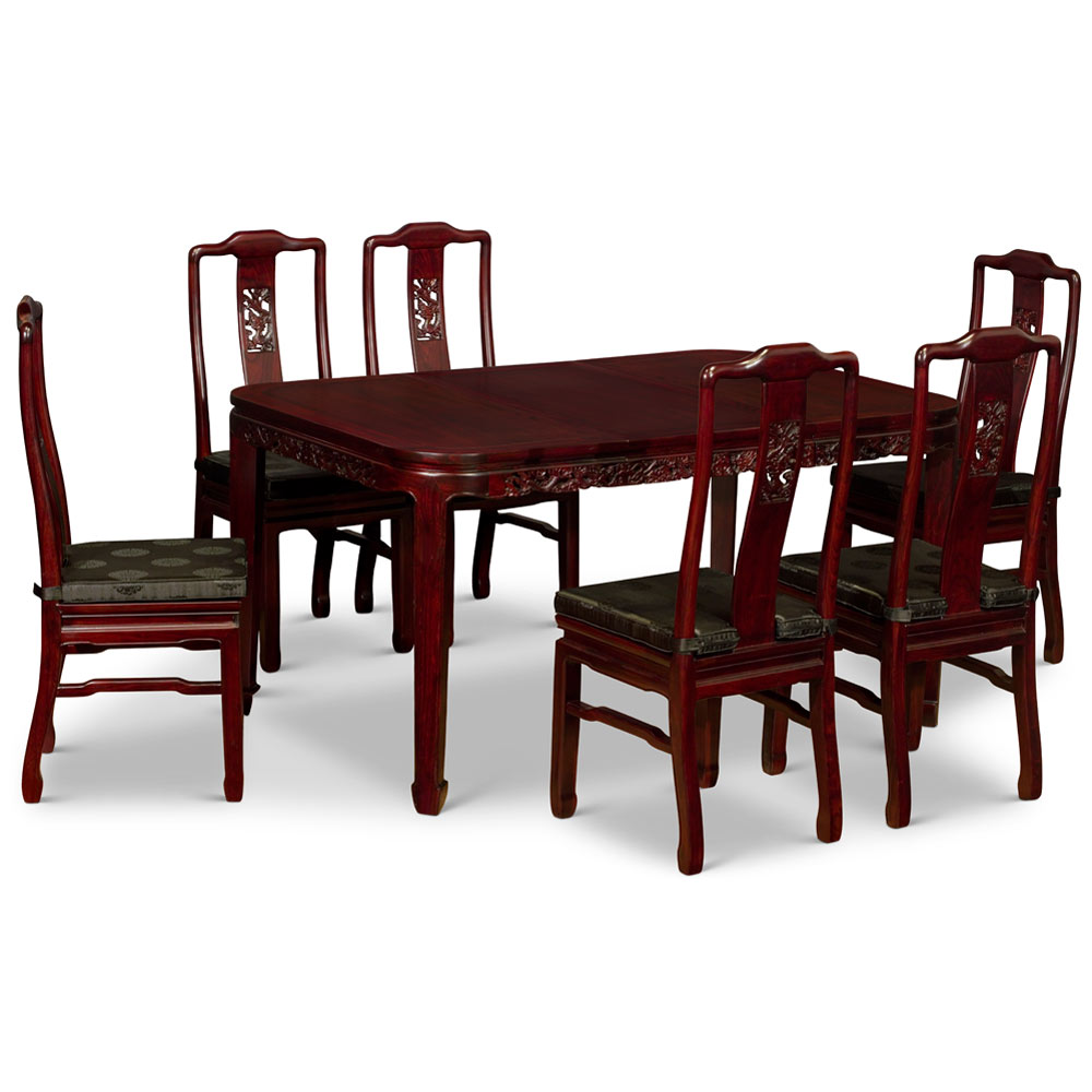 Dark Cherry Elmwood Dragon Motif Rectangle Oriental Dining Set with 6 Chairs