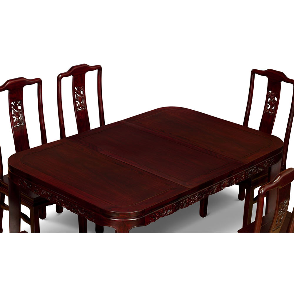 Dark Cherry Elmwood Dragon Motif Rectangle Oriental Dining Set with 6 Chairs