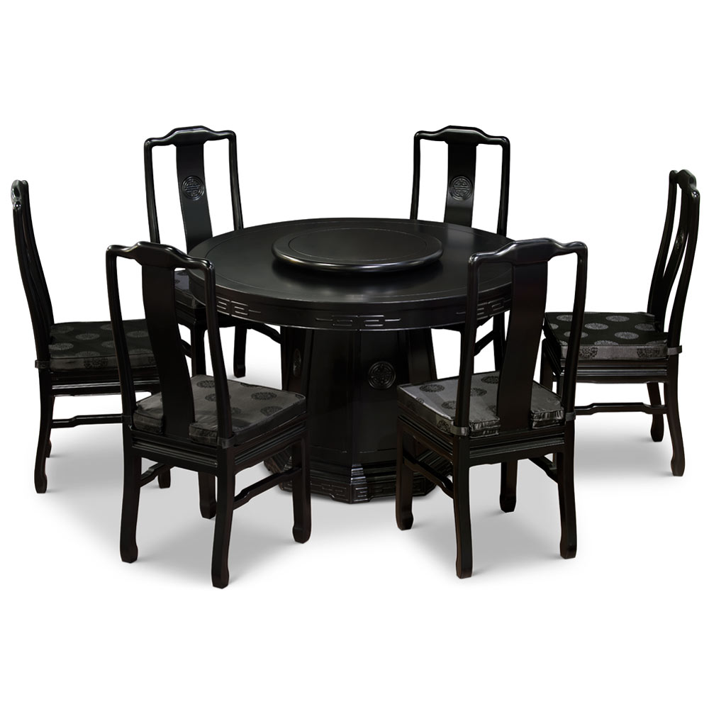 48in Black Longevity Motif Elmwood Chinese Dining Set with 6 Chairs