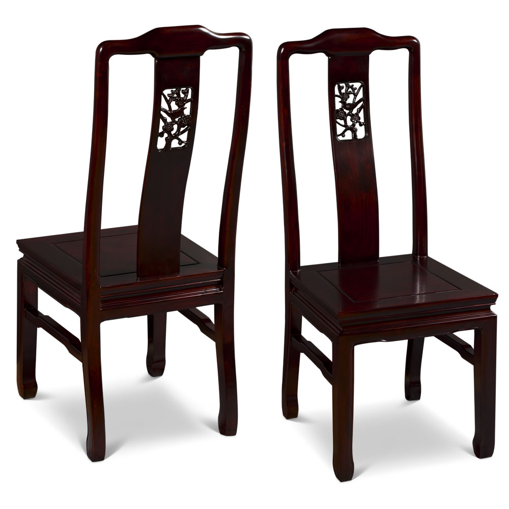 Dark Cherry Elmwood Flower and Bird Round Oriental Dining Set with 6 Chairs