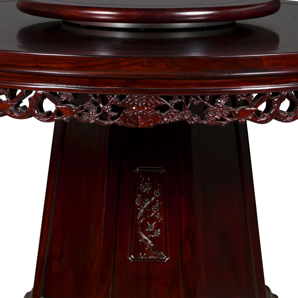 Dark Cherry Elmwood Flower and Bird Round Oriental Dining Set with 6 Chairs