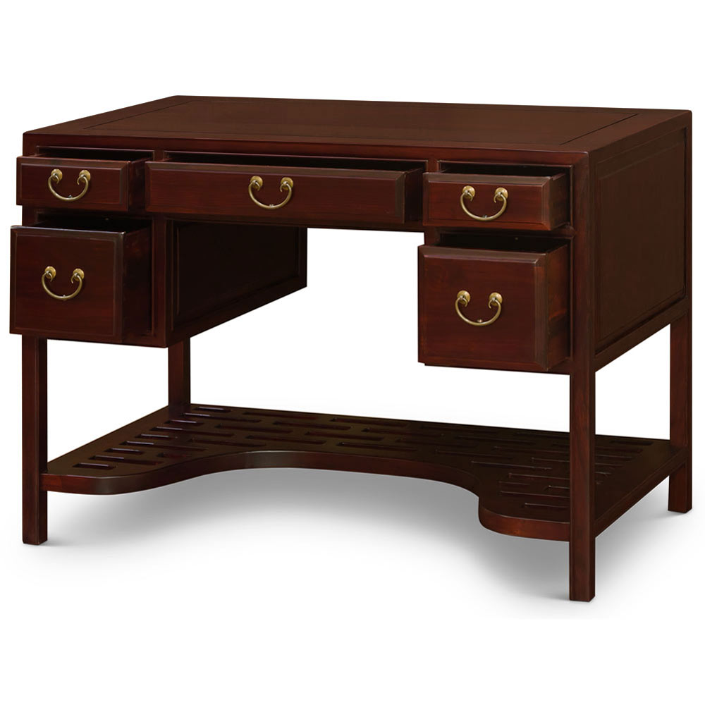 Dark Cherry Elmwood Chinese Ming Desk with 5 Drawers