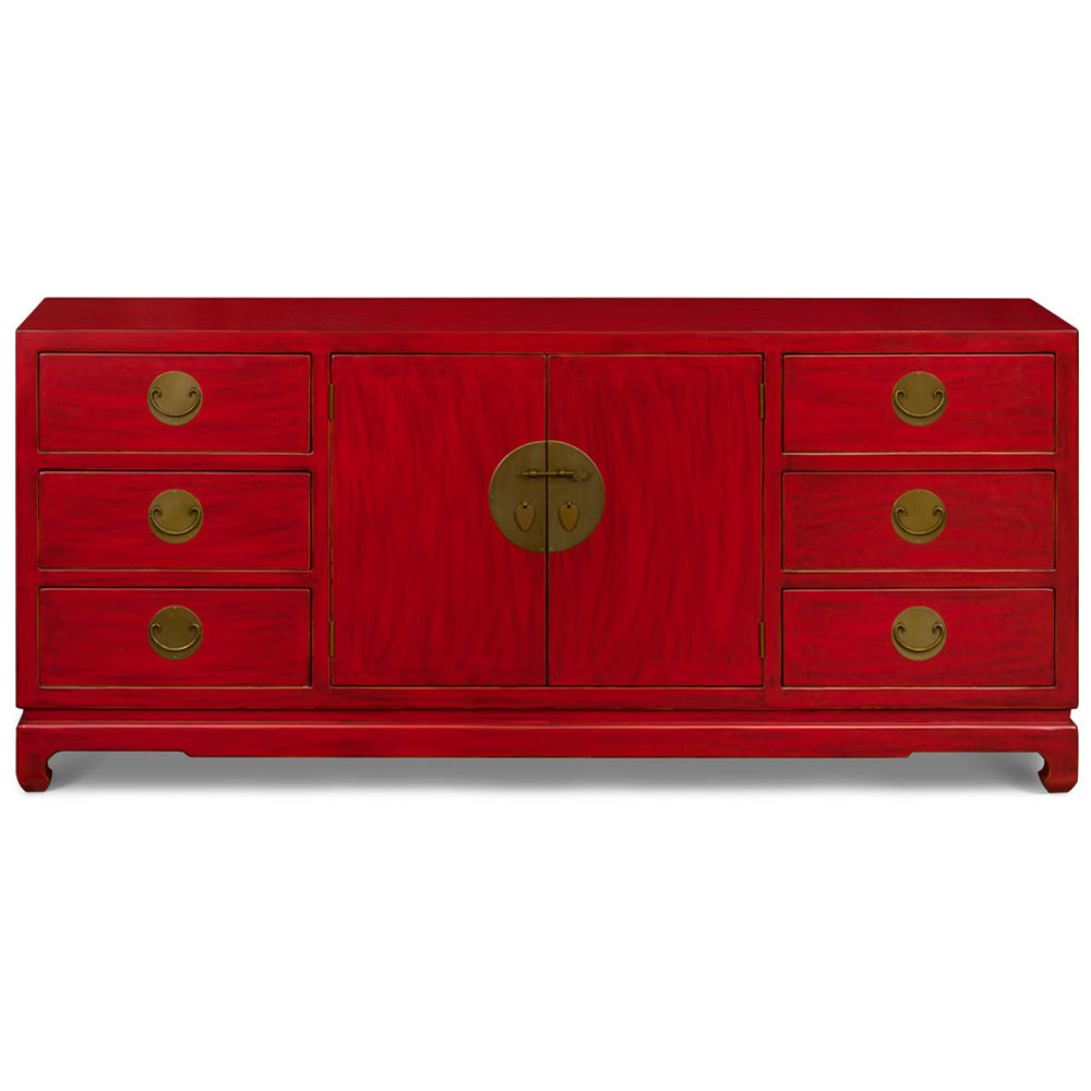 Distressed Red Elmwood Chinese Ming Sideboard