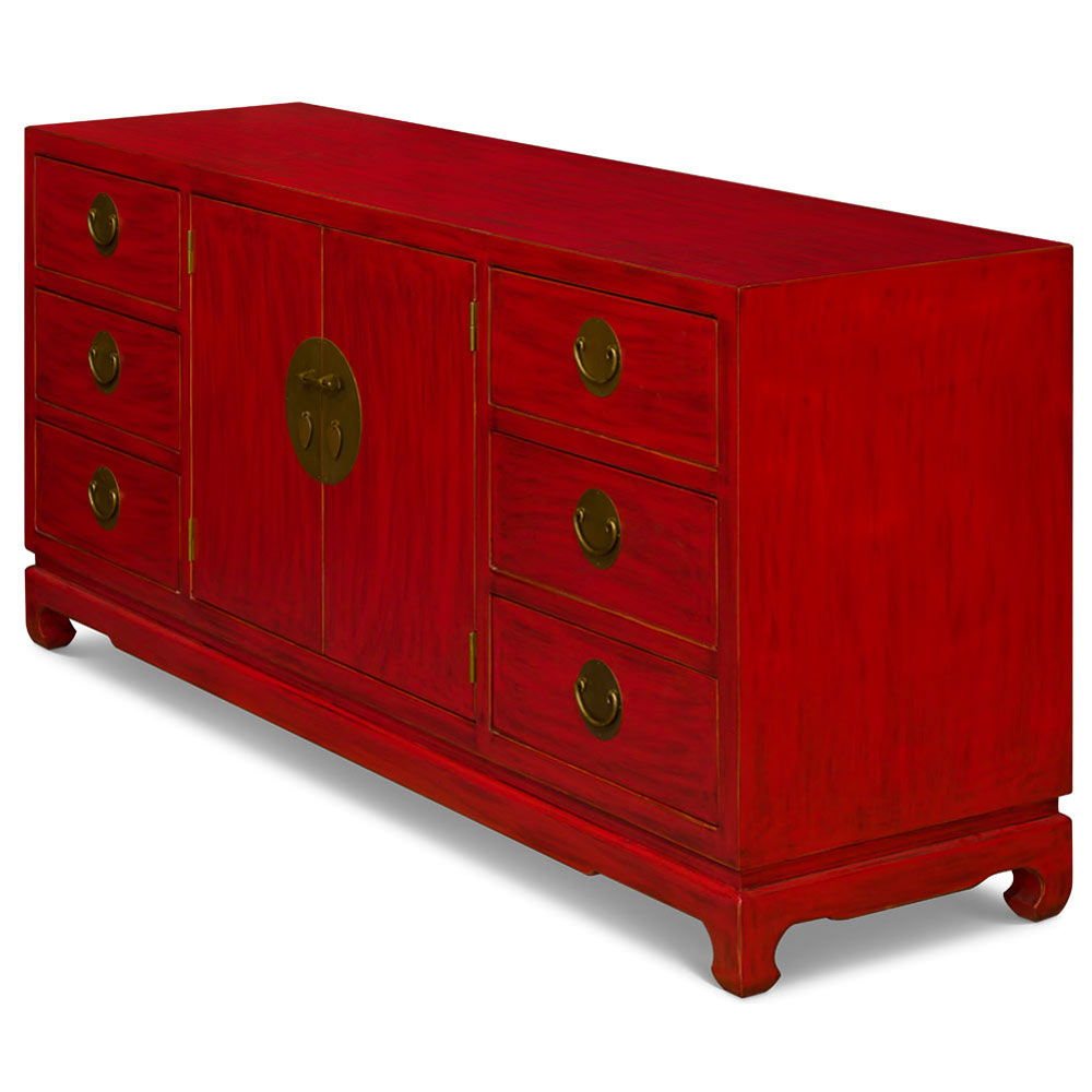 Distressed Red Elmwood Chinese Ming Sideboard