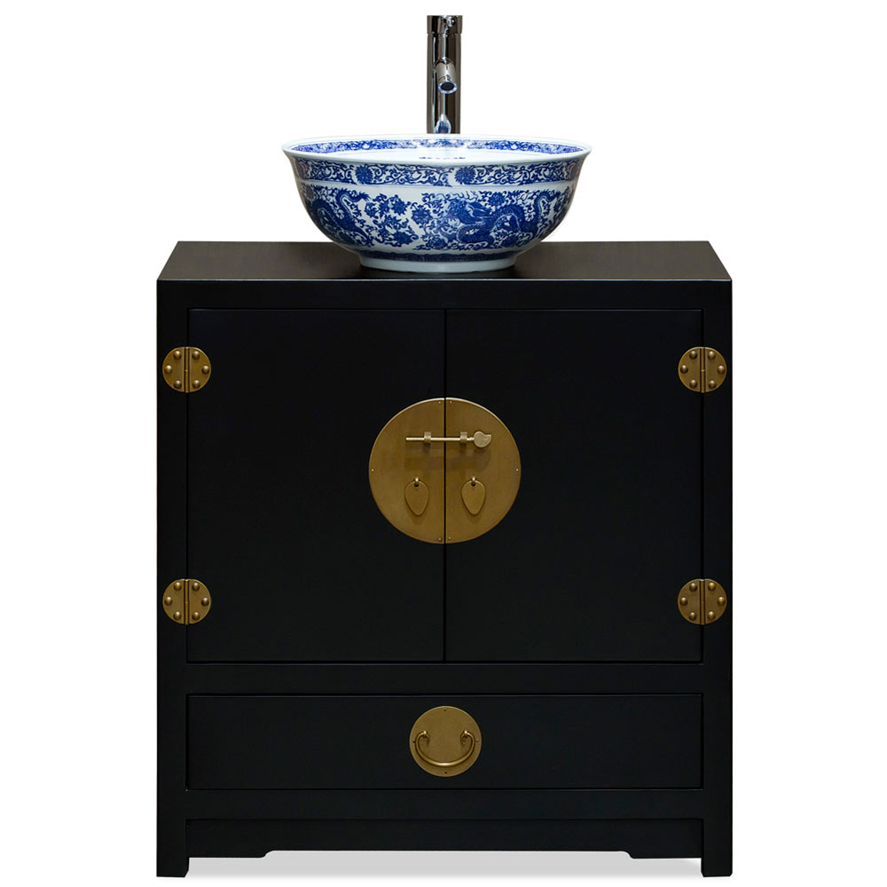 Matte Black Elmwood Chinese Ming Vanity Cabinet