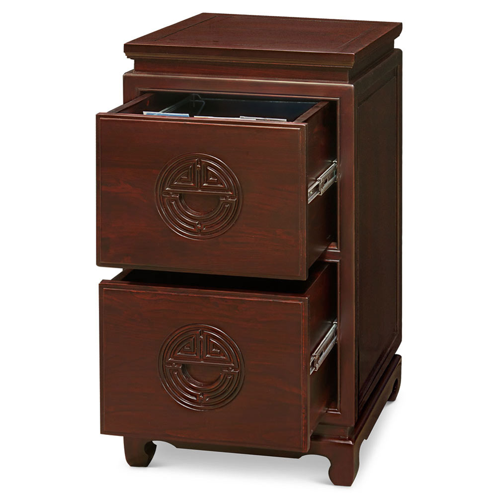 Dark Cherry Elmwood Chinese Longevity File Cabinet with 2 Drawers