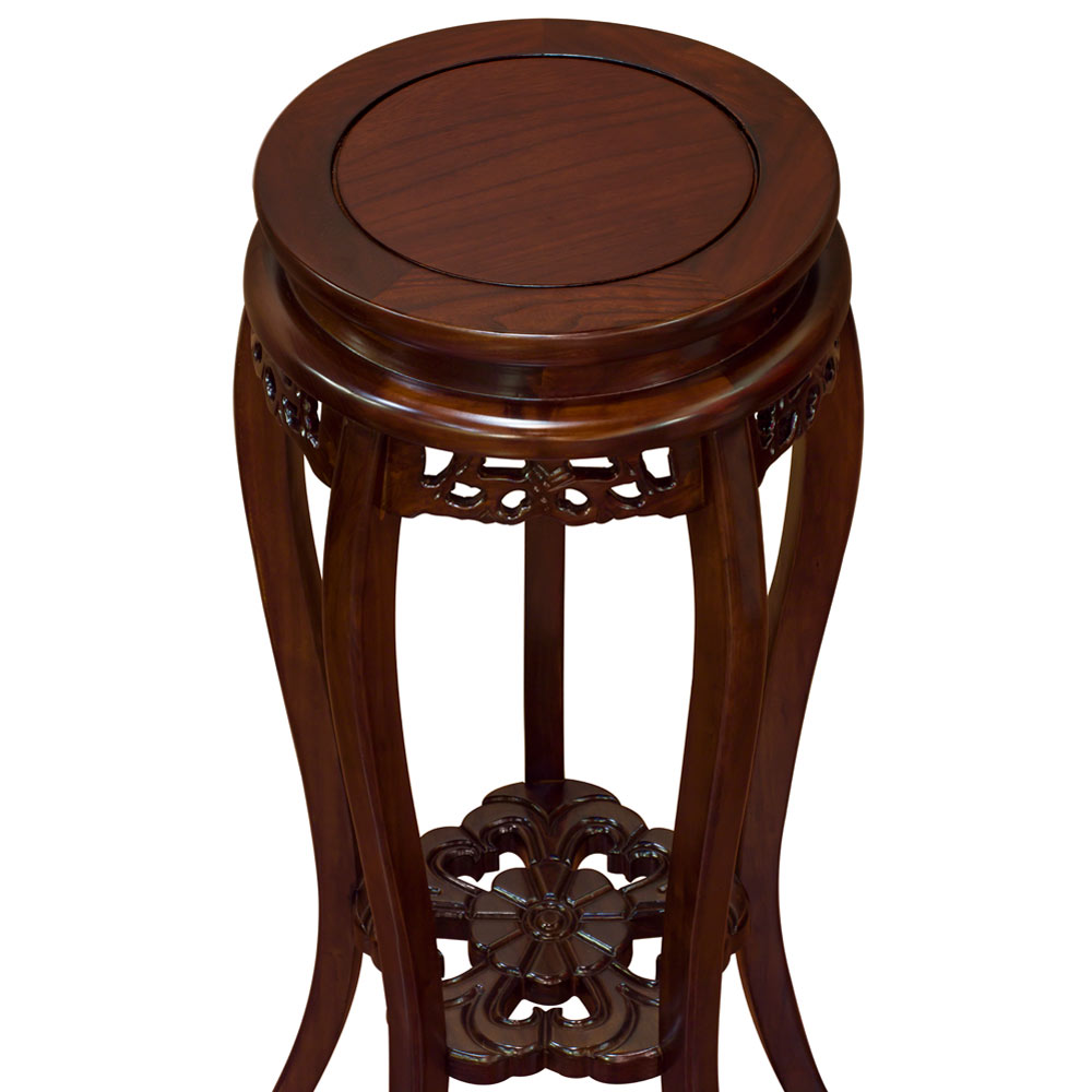 Mahogany Finish Elmwood Flower Motif Oriental Pedestal with Flower Base