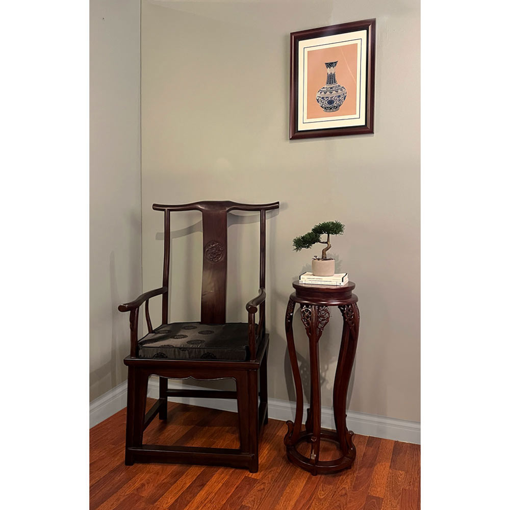 Mahogany Finish Elmwood Flower Motif Oriental Pedestal