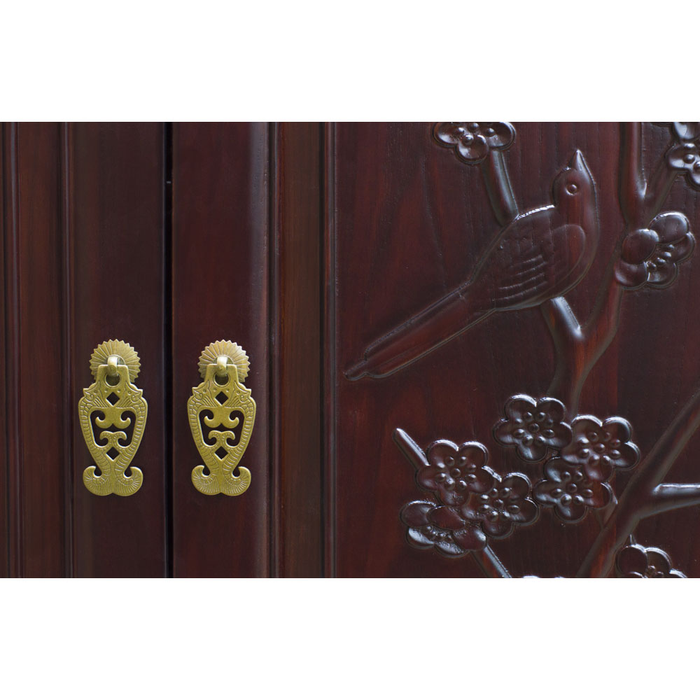 Dark Cherry Elmwood Bird and Flower Motif Oriental Armoire