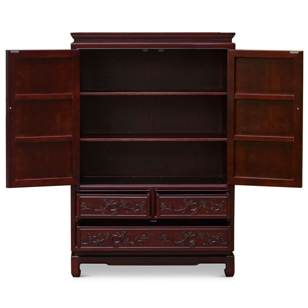 Dark Cherry Elmwood Bird and Flower Motif Oriental Armoire