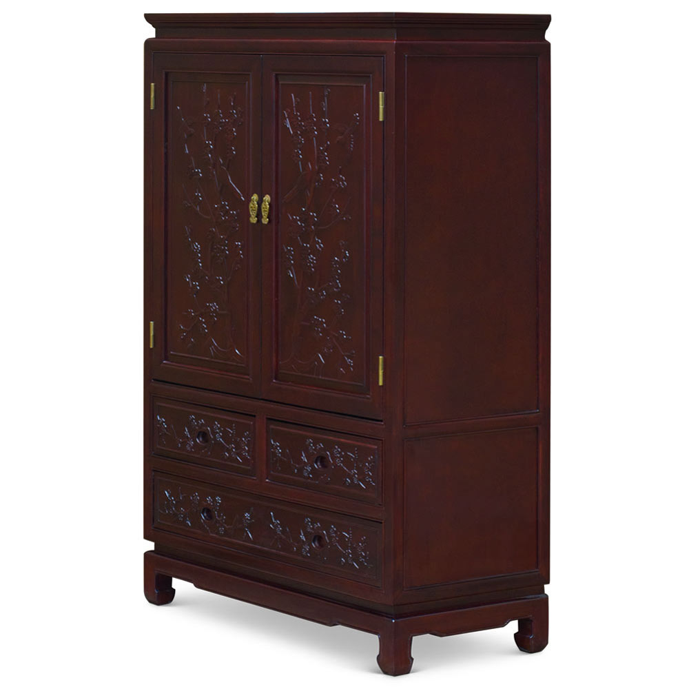 Dark Cherry Elmwood Bird and Flower Motif Oriental Armoire