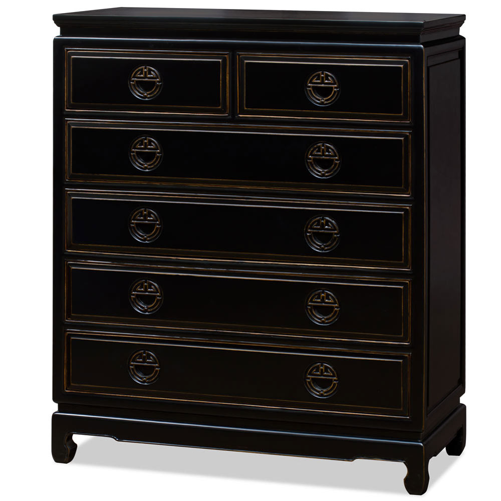 Distressed Black Elmwood Chinese Longevity High Chest of Drawers