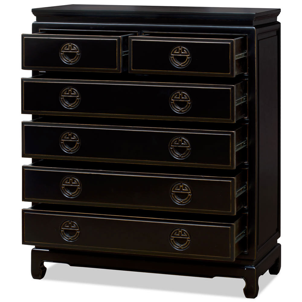 Distressed Black Elmwood Chinese Longevity High Chest of Drawers