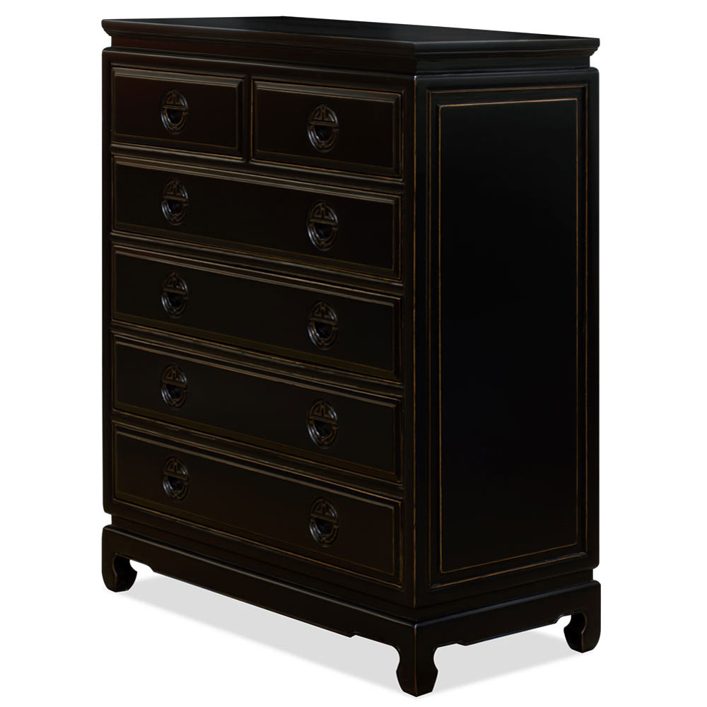 Distressed Black Elmwood Chinese Longevity High Chest of Drawers