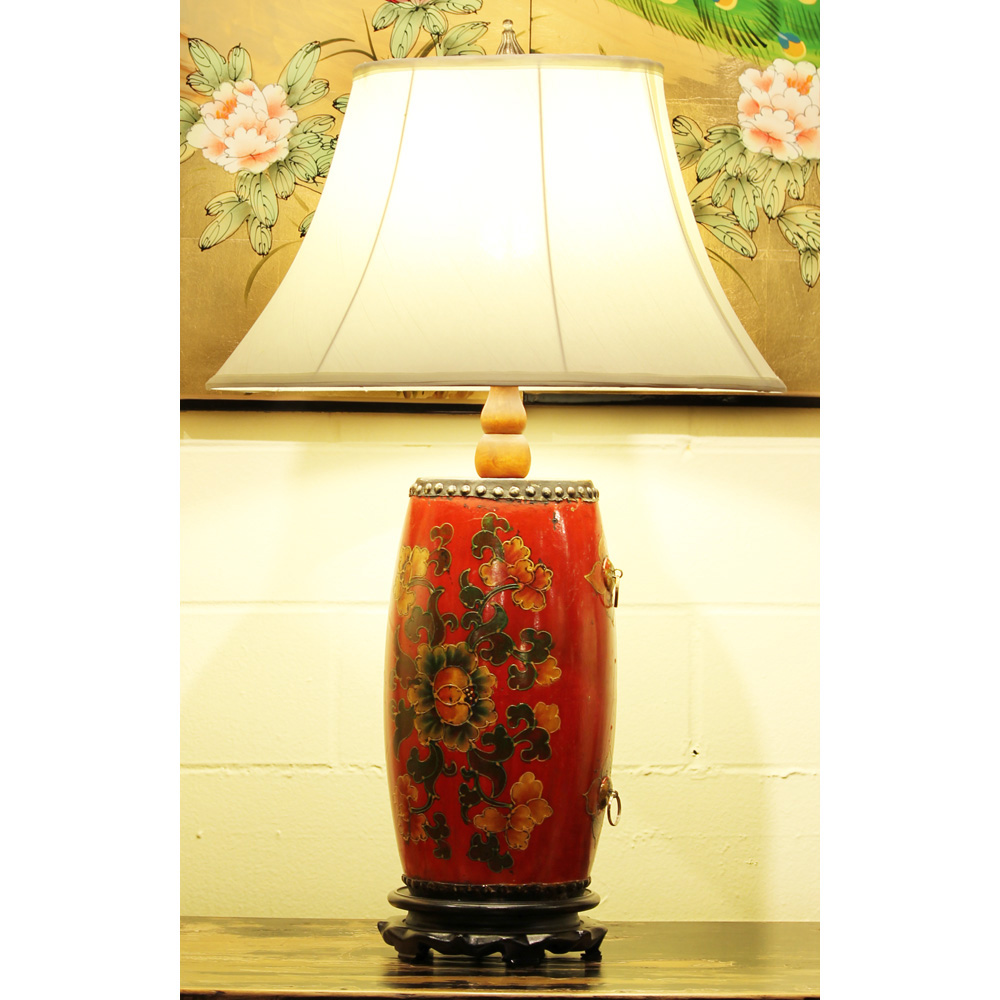 Tibetan Drum Lamp With Silk Shade