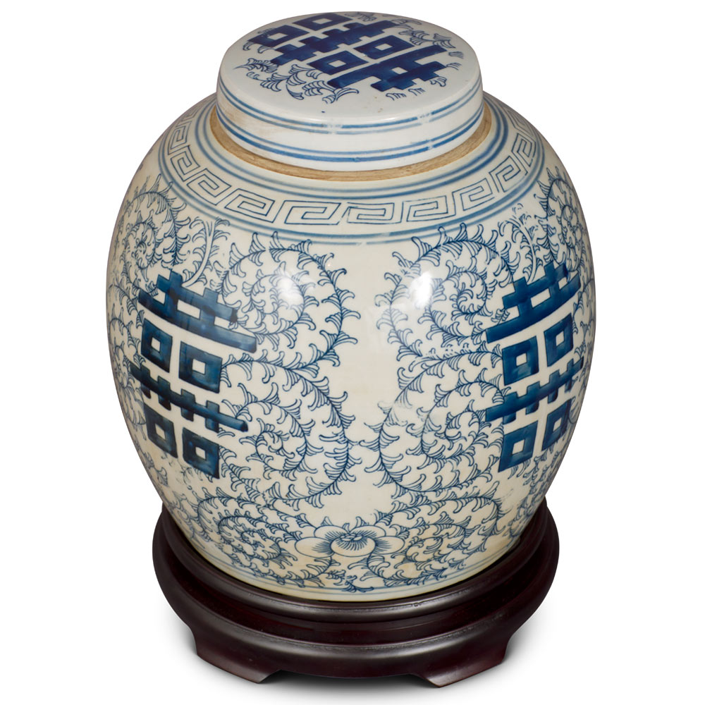 Blue and White Porcelain Chinese Double Happiness Jar