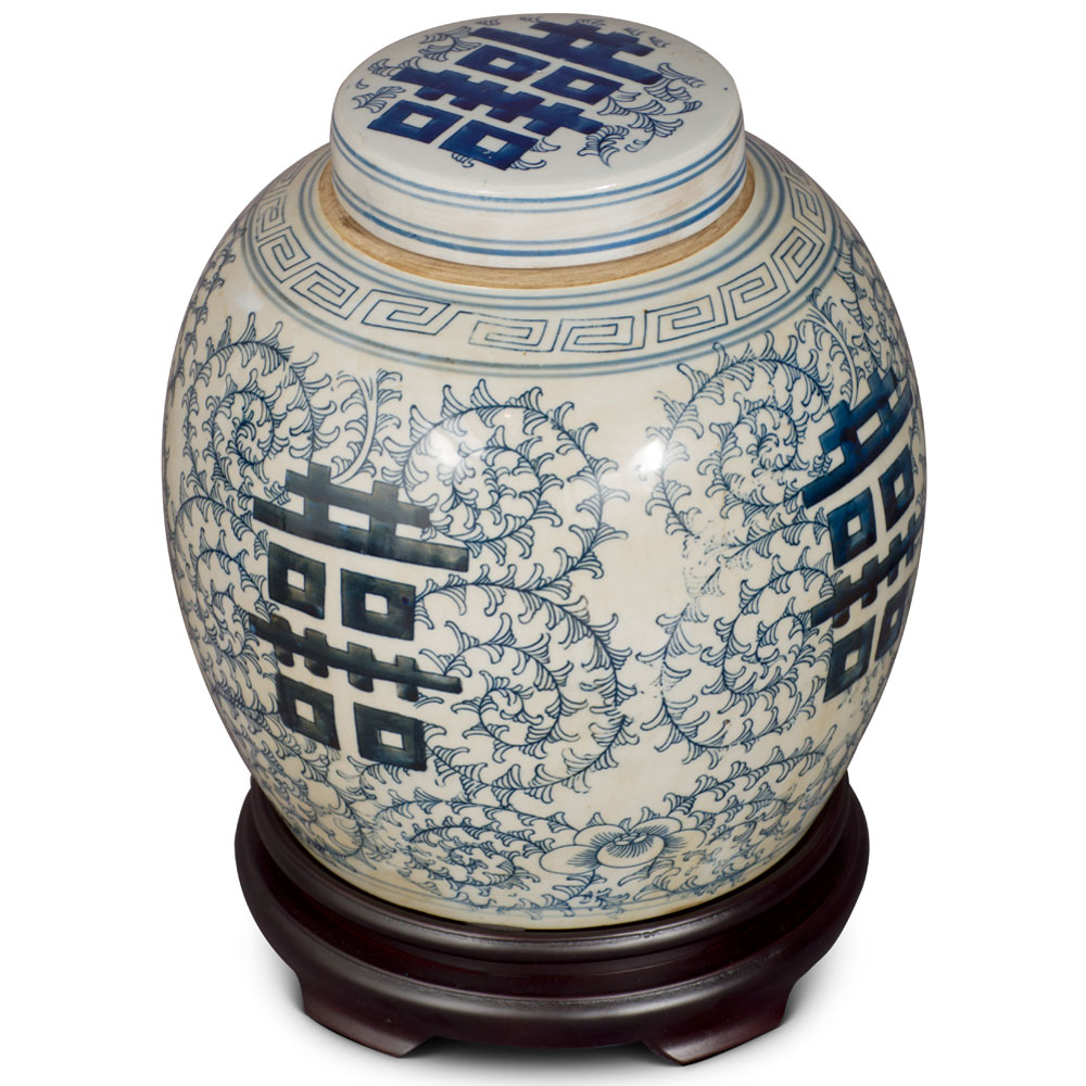 Blue and White Porcelain Chinese Double Happiness Jar