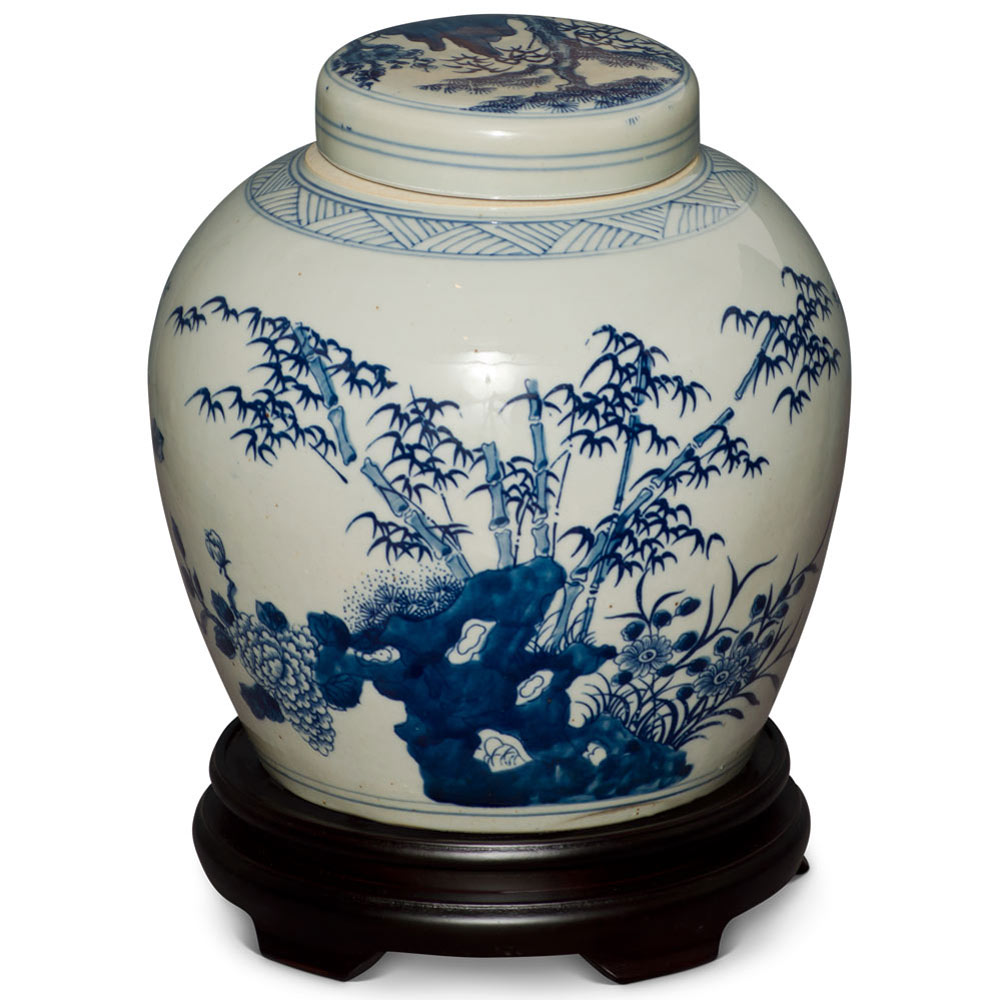 Blue and White Flower Motif Porcelain Chinese Jar