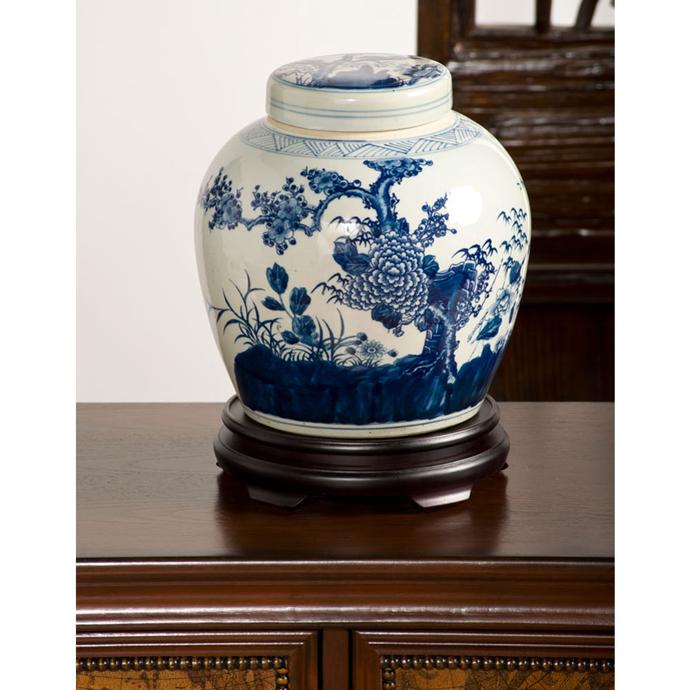 Blue and White Flower Motif Porcelain Chinese Jar