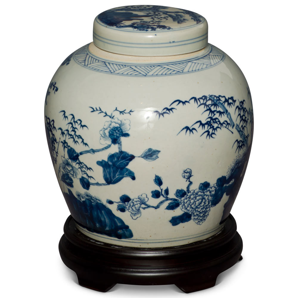 Blue and White Flower Motif Porcelain Chinese Jar