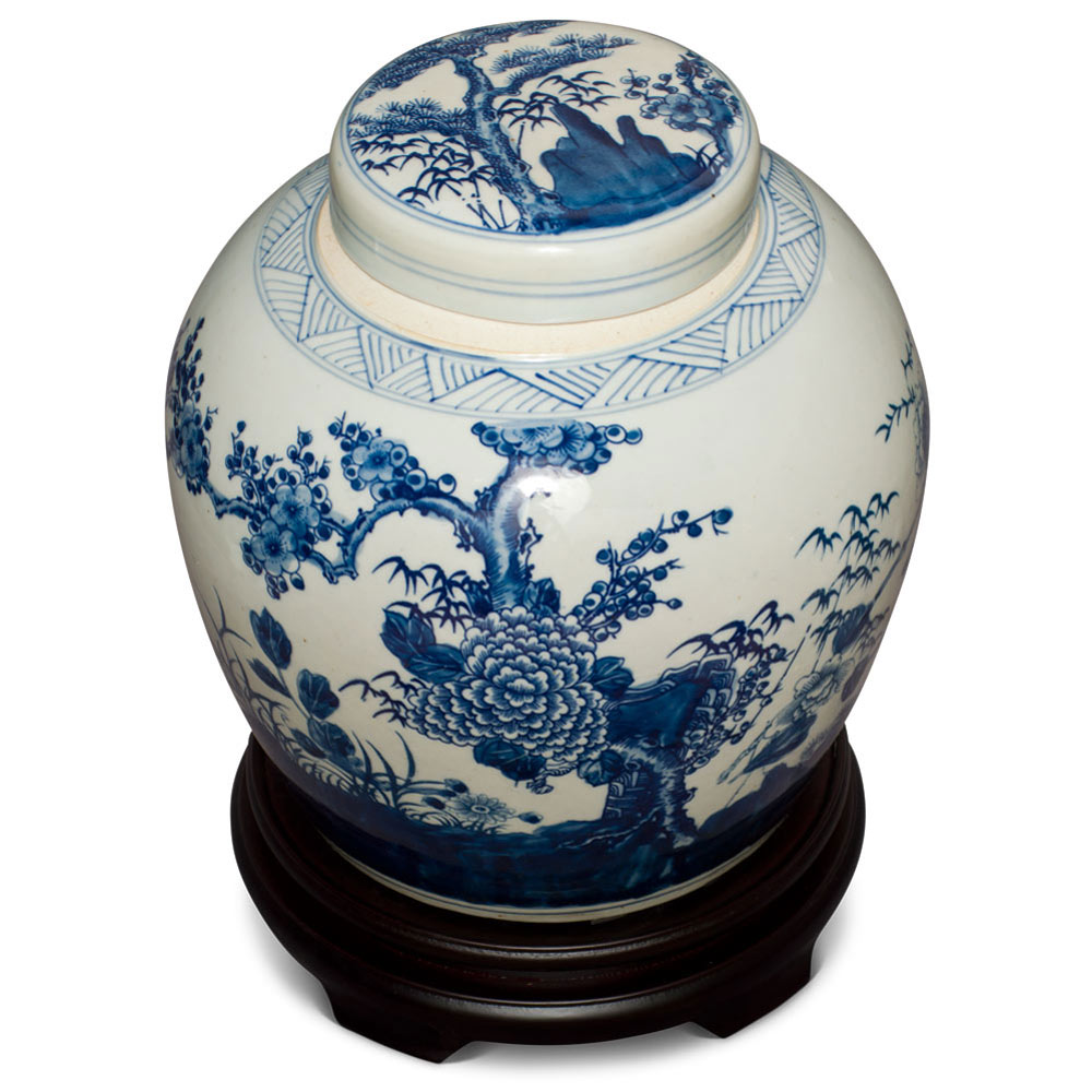 Blue and White Flower Motif Porcelain Chinese Jar