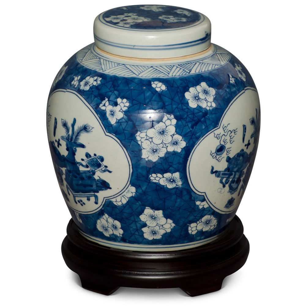 Blue and White Still Life and Flower Motif Porcelain Chinese Jar