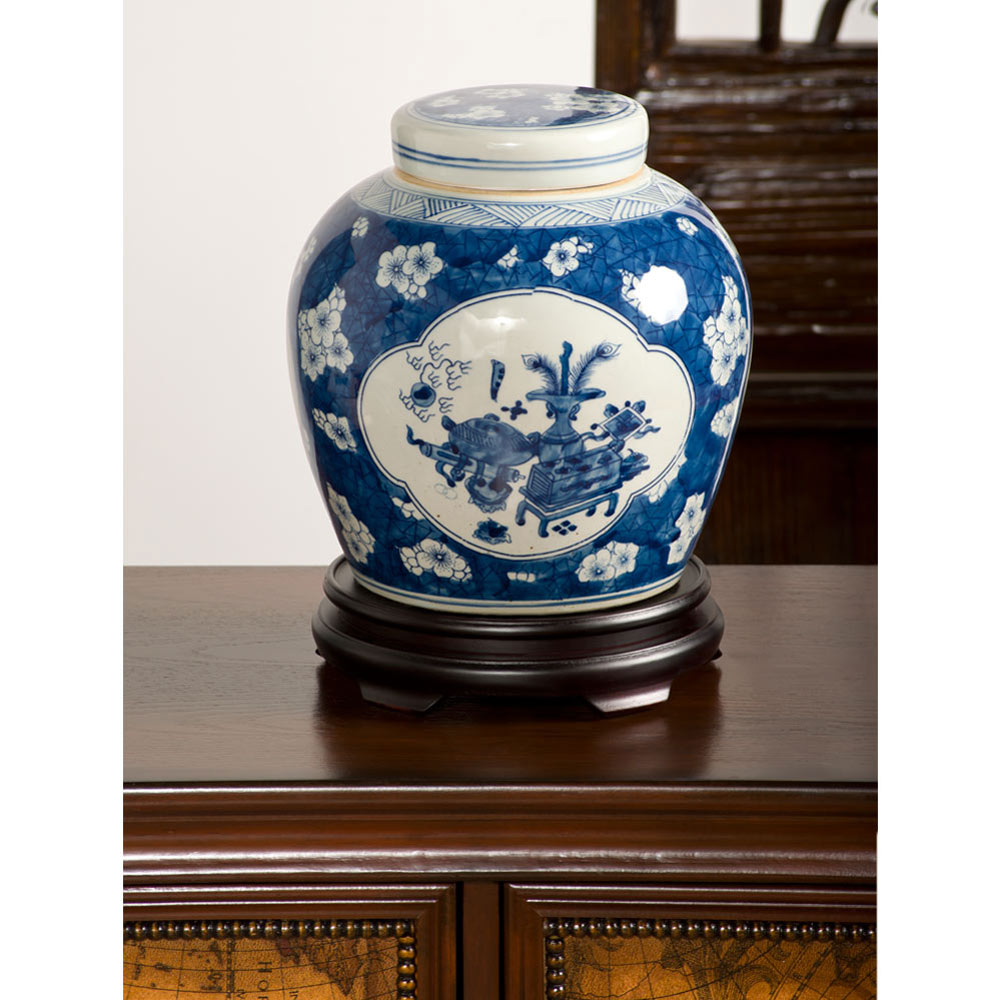 Blue and White Still Life and Flower Motif Porcelain Chinese Jar