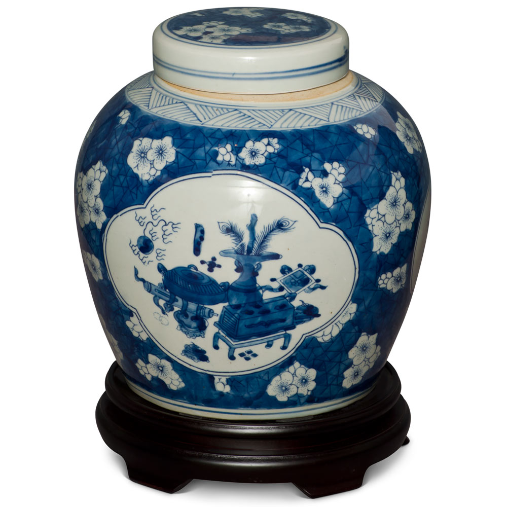 Blue and White Still Life and Flower Motif Porcelain Chinese Jar