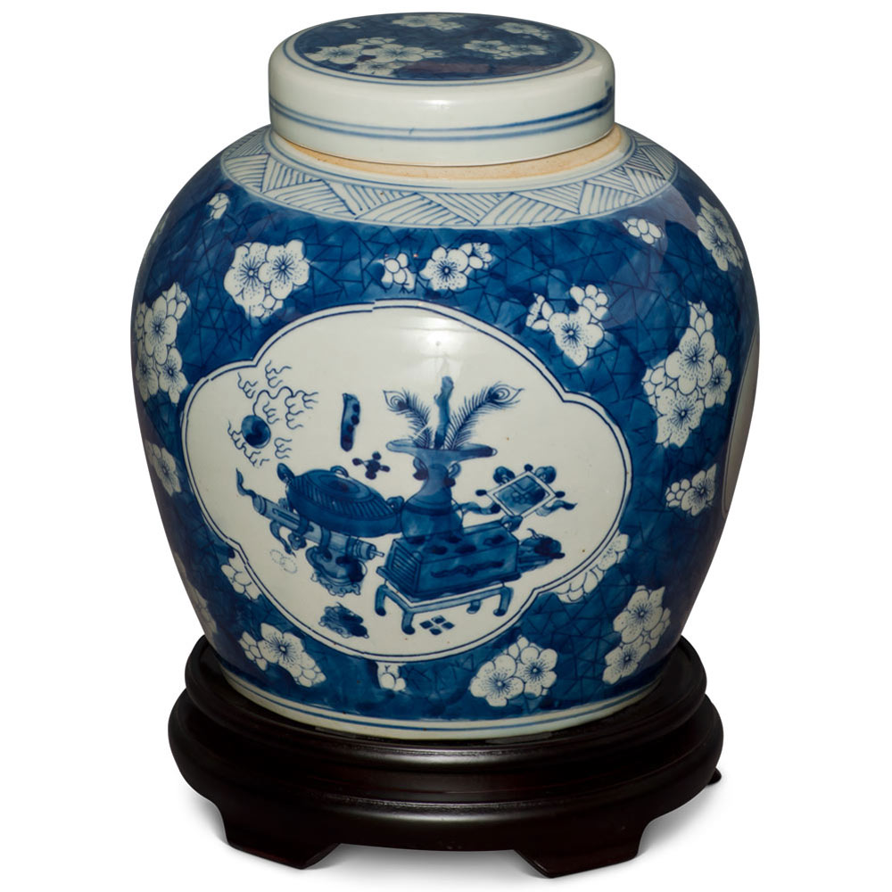 Blue and White Still Life and Flower Motif Porcelain Chinese Jar