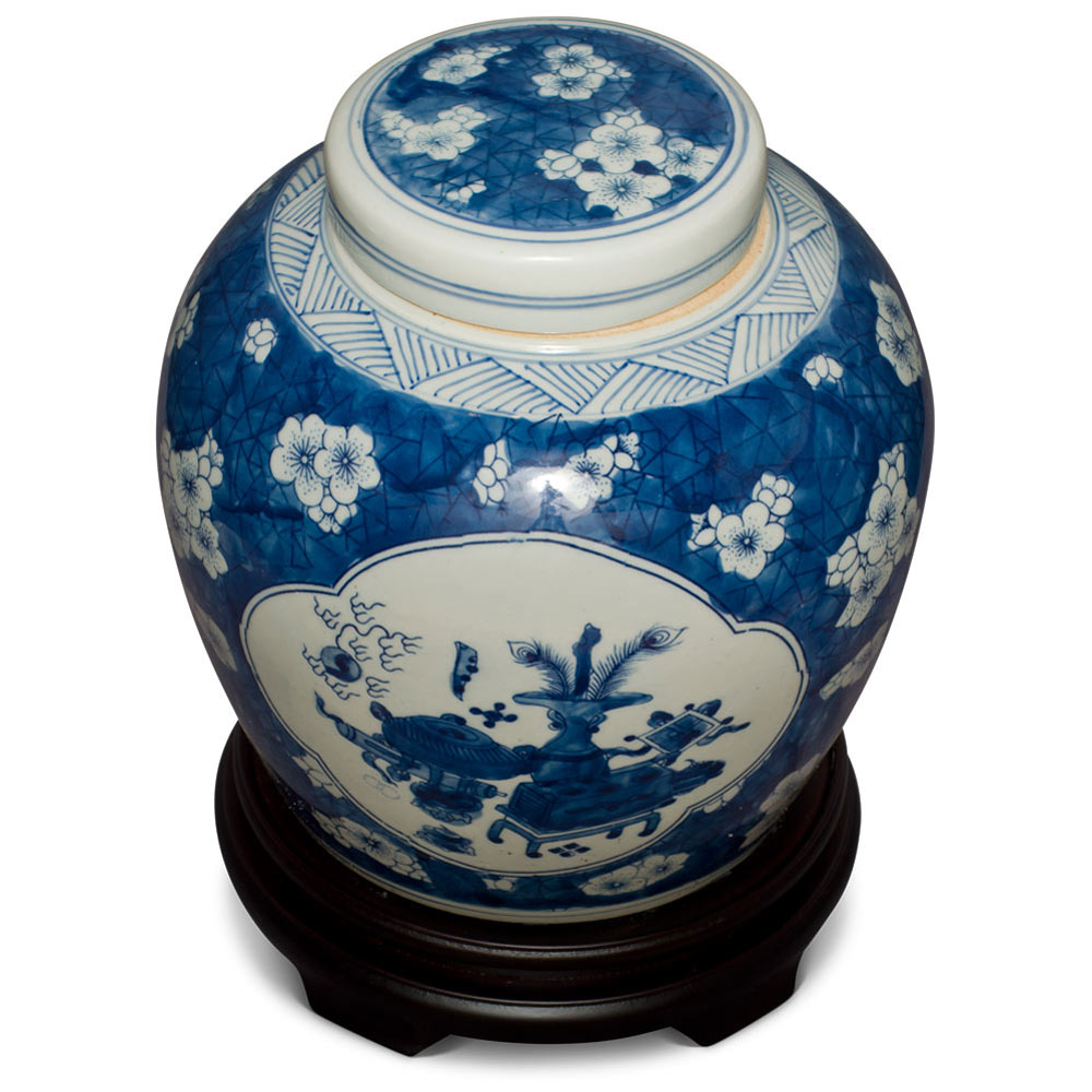 Blue and White Still Life and Flower Motif Porcelain Chinese Jar