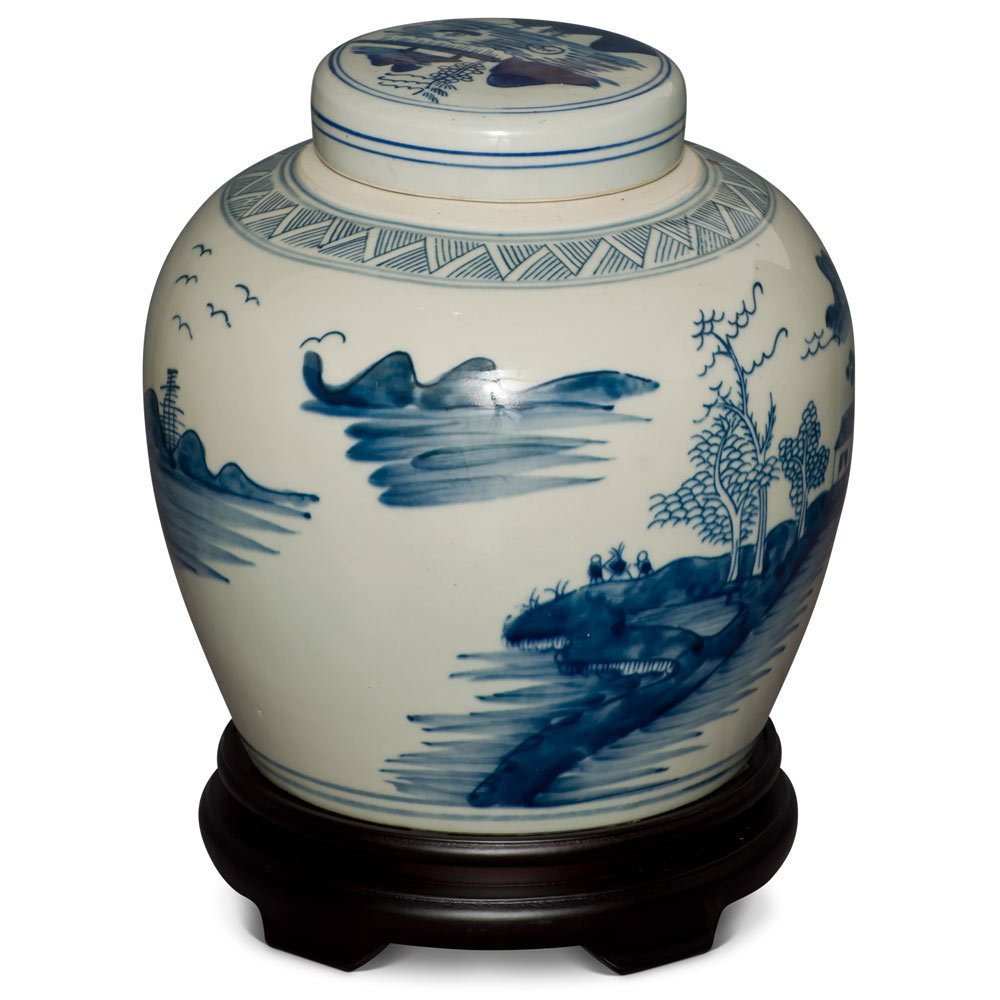 Blue and White Village Landscape Motif Porcelain Chinese Jar