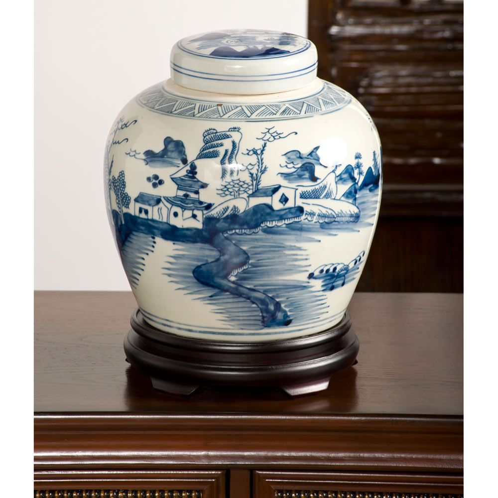 Blue and White Village Landscape Motif Porcelain Chinese Jar