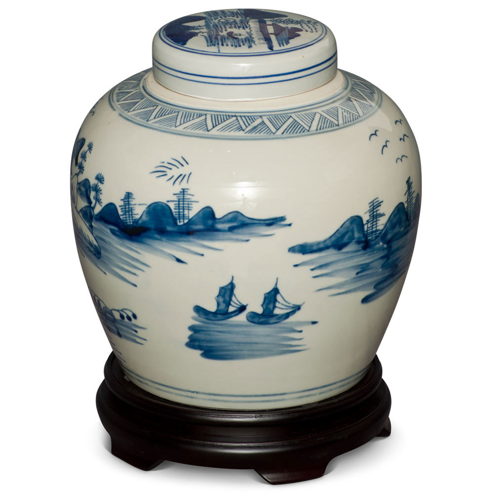 Blue and White Village Landscape Motif Porcelain Chinese Jar