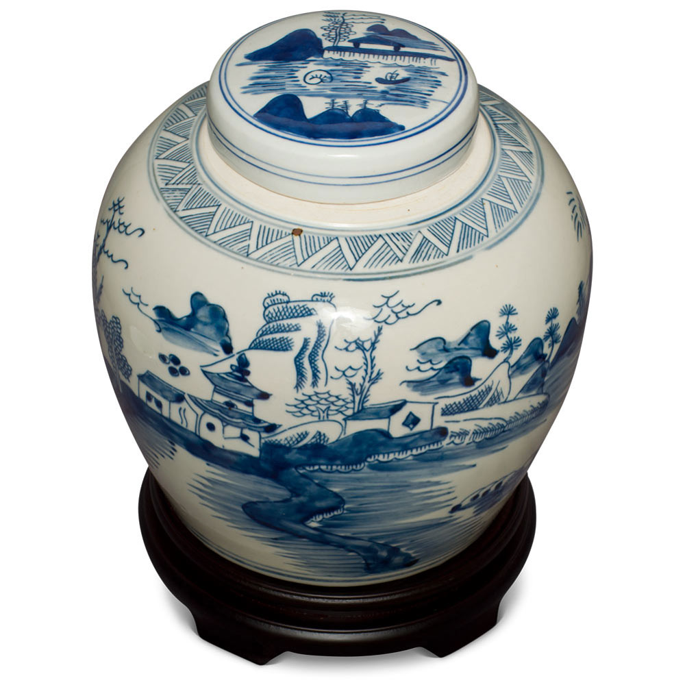 Blue and White Village Landscape Motif Porcelain Chinese Jar