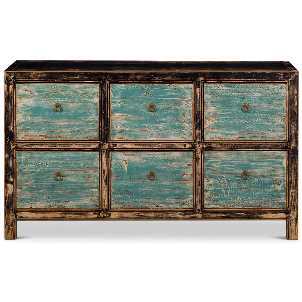 Distressed Oriental Elmwood Ming File Cabinet with Powder Blue Drawers