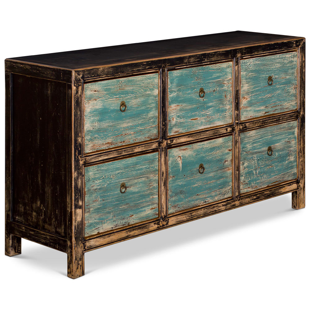 Distressed Oriental Elmwood Ming File Cabinet with Powder Blue Drawers