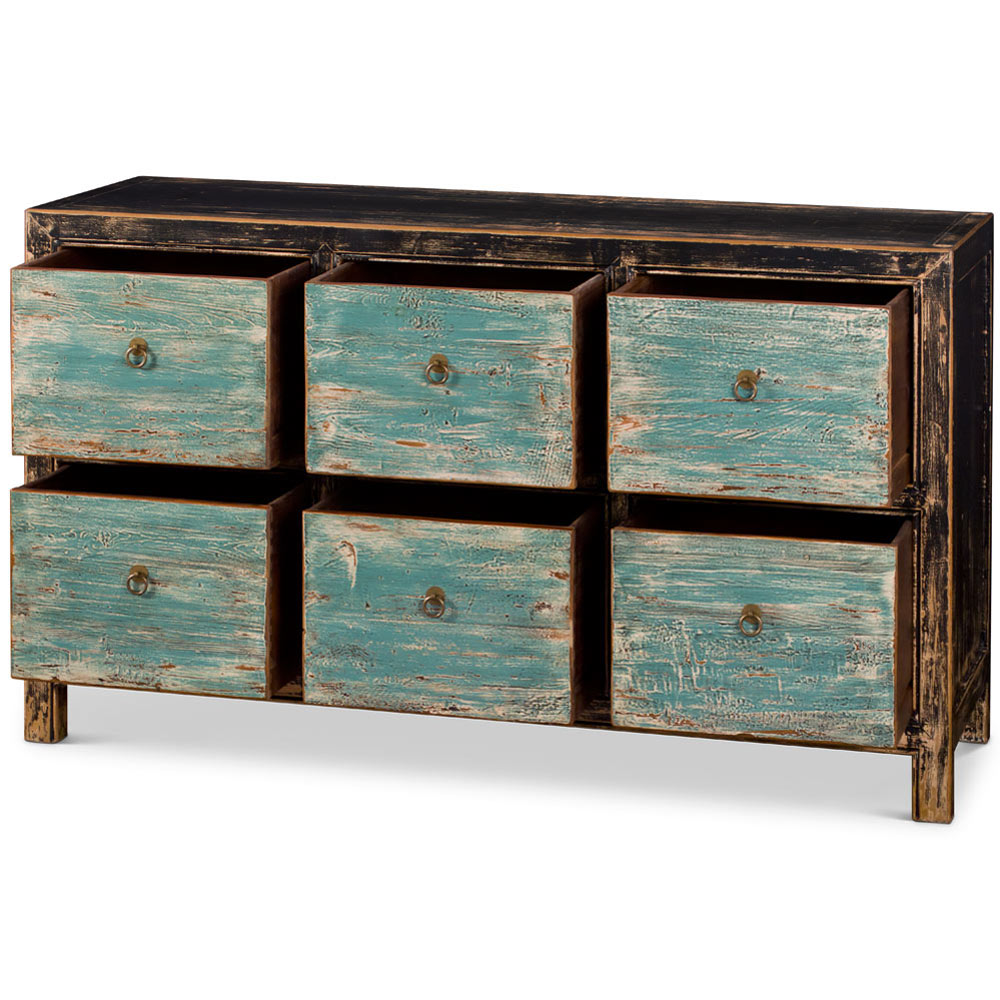 Distressed Oriental Elmwood Ming File Cabinet with Powder Blue Drawers