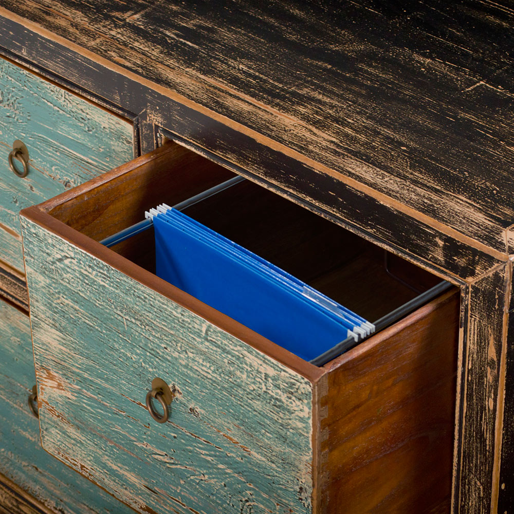 Distressed Oriental Elmwood Ming File Cabinet with Powder Blue Drawers