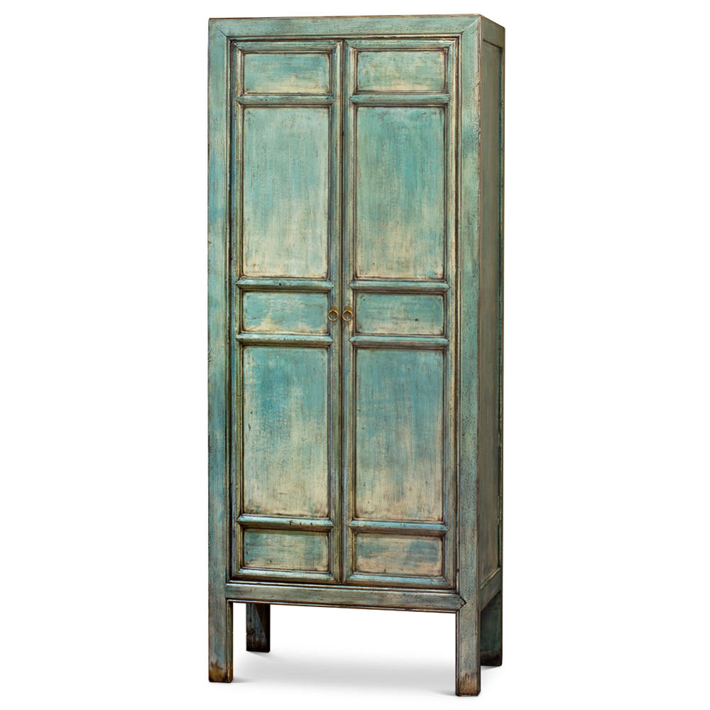 Distressed Light Blue Elmwood Chinese Mandarin Armoire