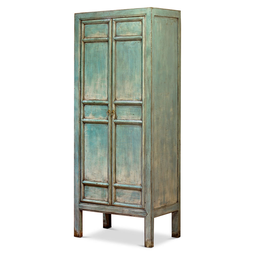 Distressed Light Blue Elmwood Chinese Mandarin Armoire