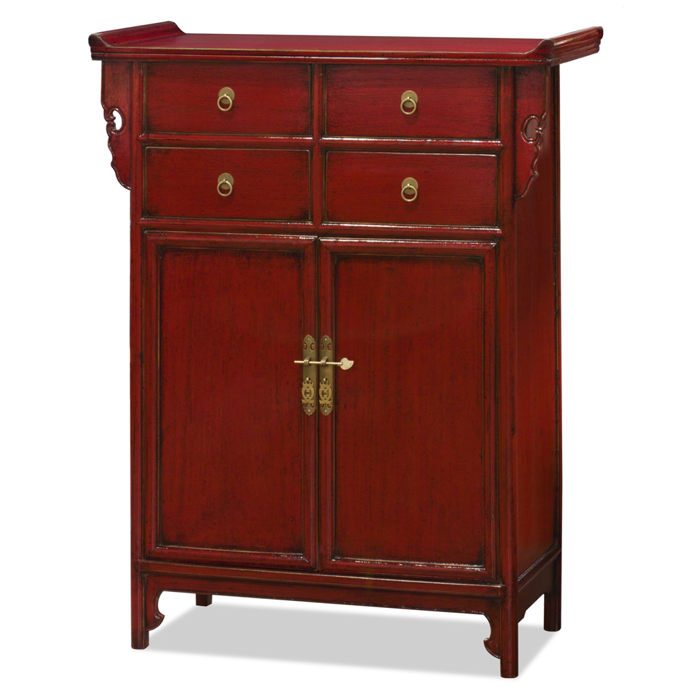 Distressed Red Elmwood Oriental Altar Style Cabinet
