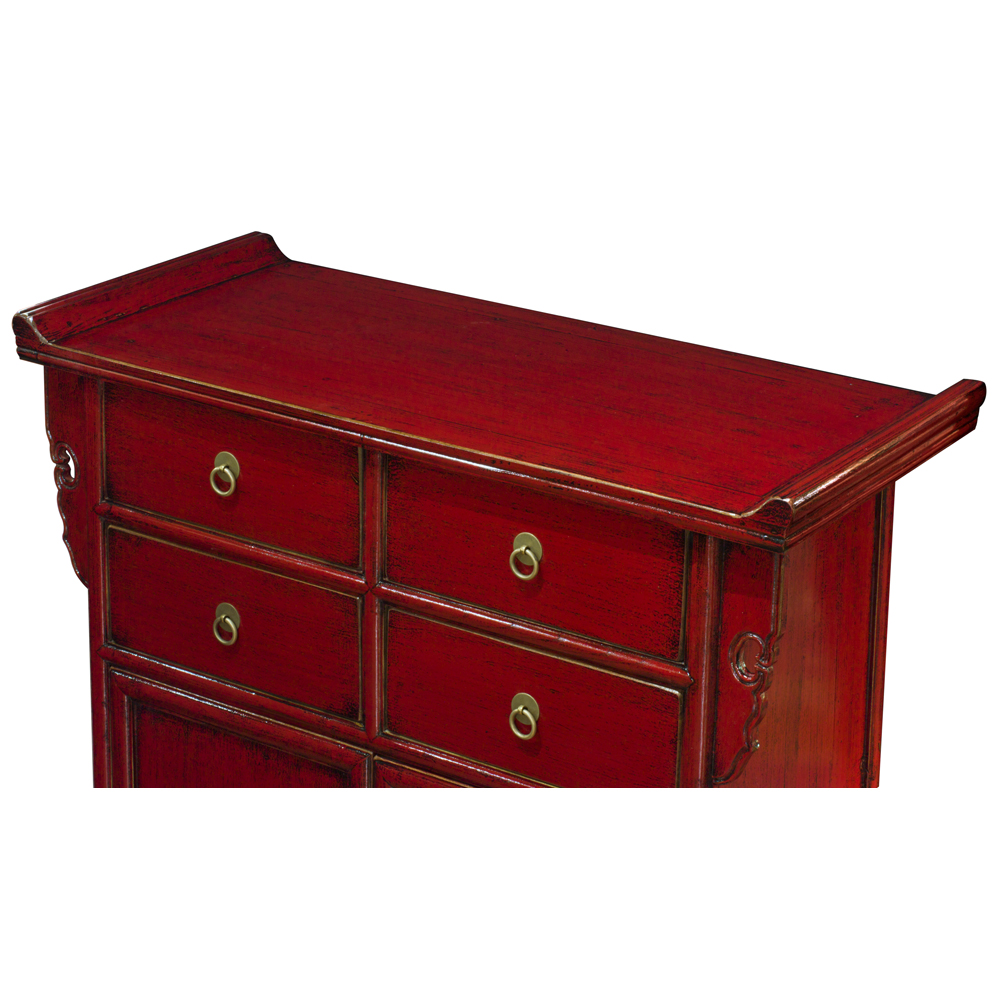 Distressed Red Elmwood Oriental Altar Style Cabinet