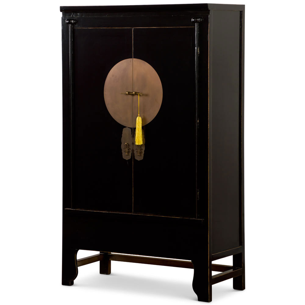 Distressed Black Elmwood Chinese Ming Wedding Armoire with Yellow Tassel