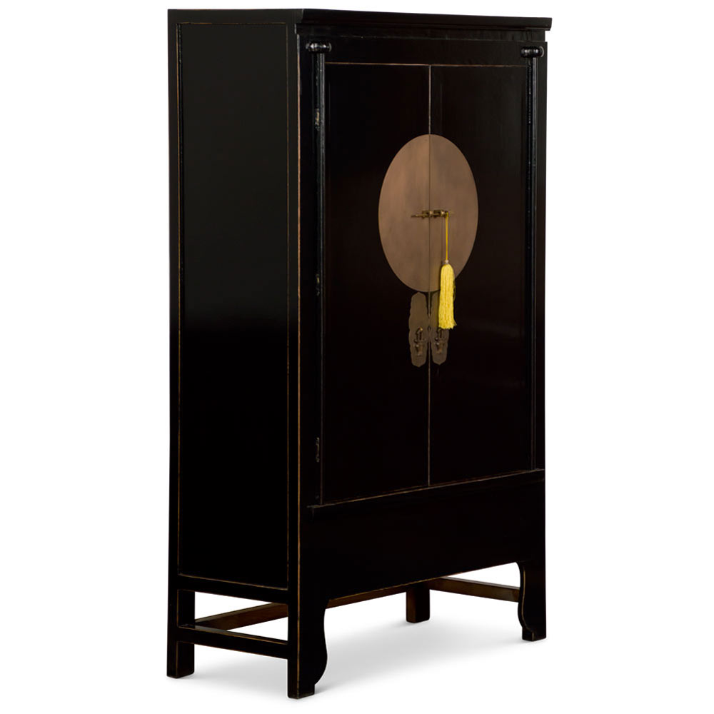 Distressed Black Elmwood Chinese Ming Wedding Armoire with Yellow Tassel