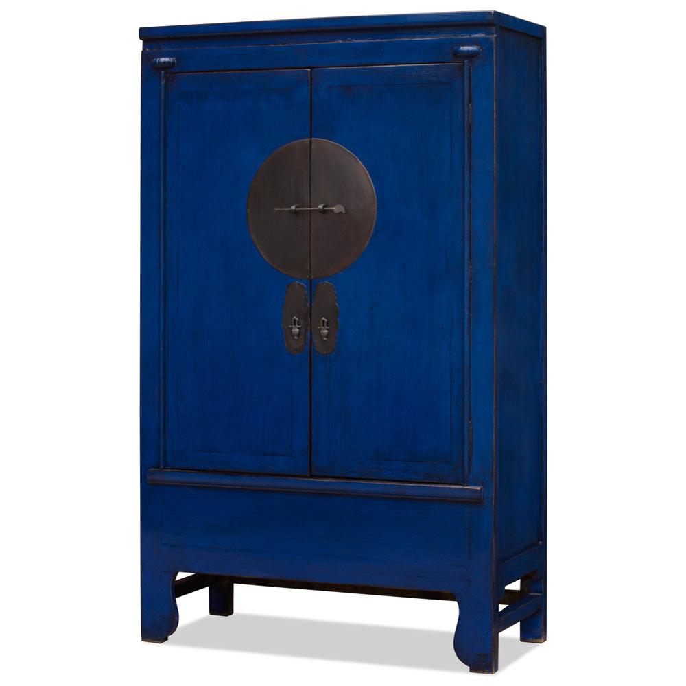 Distressed Navy Blue Elmwood Chinese Ming Wedding Armoire