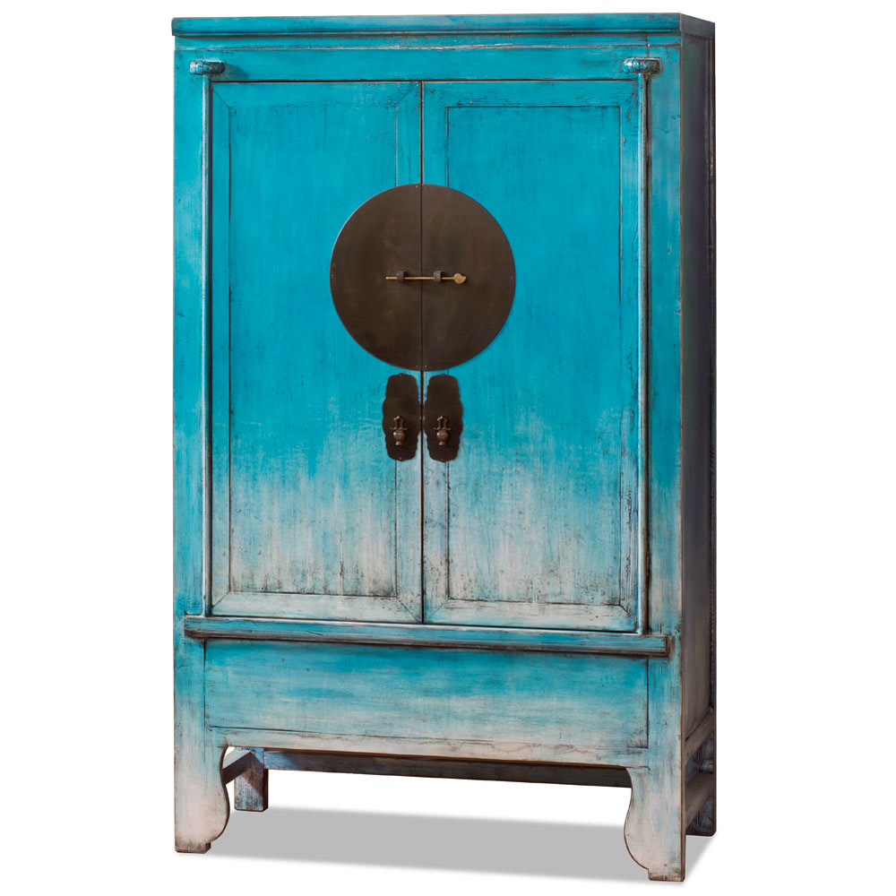 Distressed Sky Blue Elmwood Chinese Ming Wedding Armoire